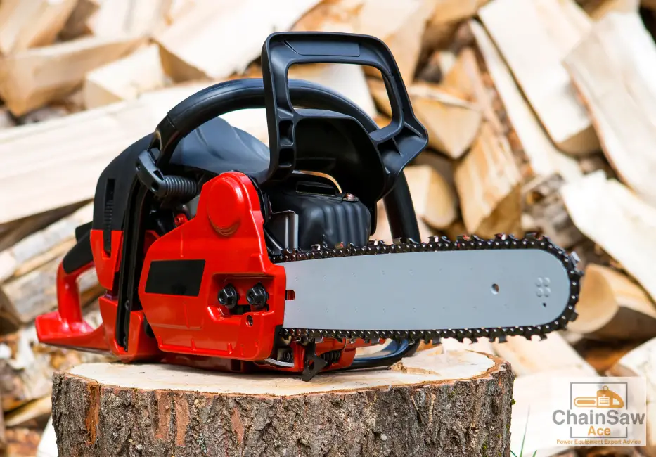 Chainsaw Chain Types for Firewood: A Comprehensive Guide - chainsaw sitting in stump in front of firewood