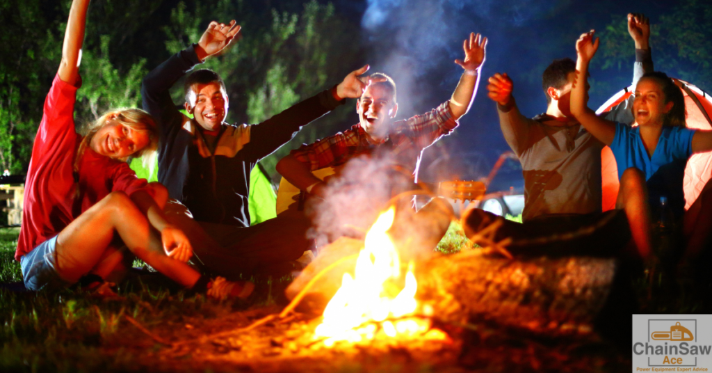 A campfire with people sitting around it.