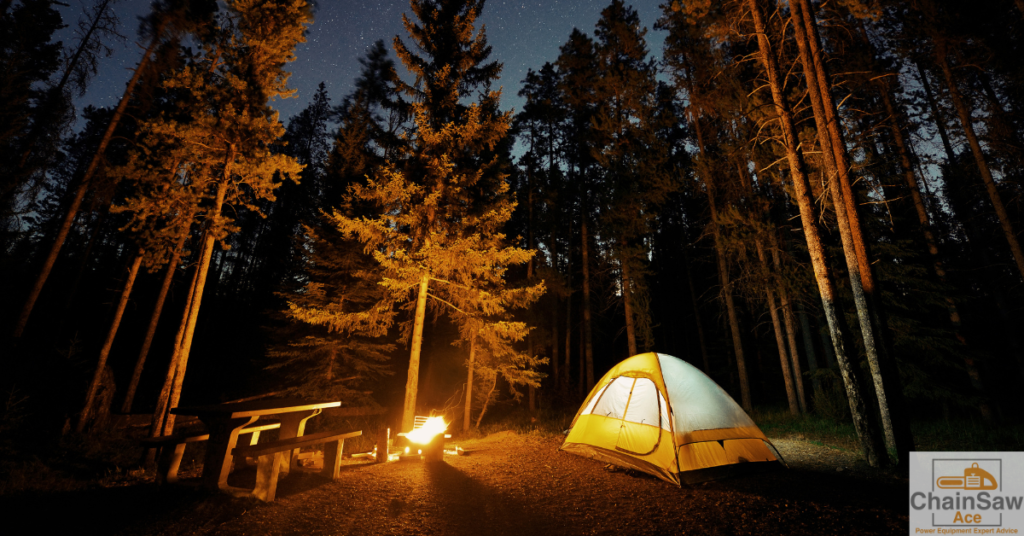 Camping in the woods with a pocket chainsaw.