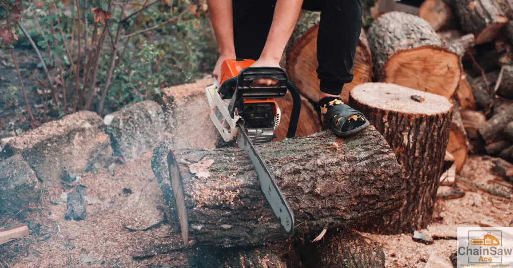 Man cutting log with Stihl chainsaw.